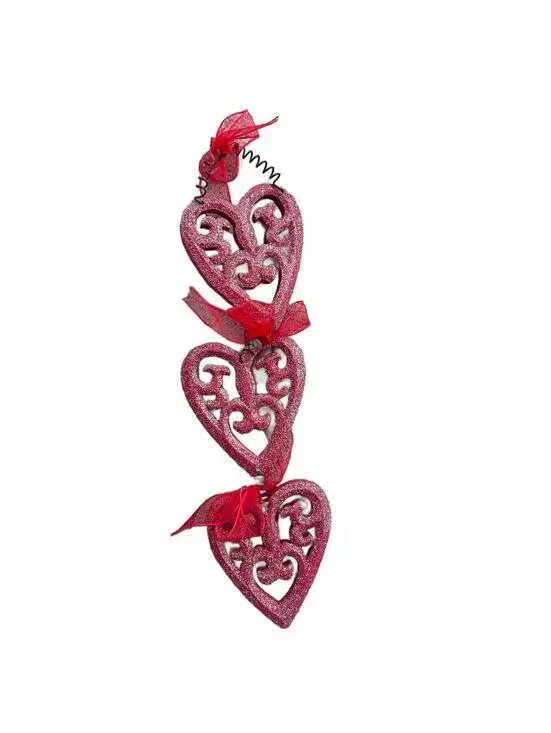 Red Glitter Hearts Wooden Wall Hanging with Bows