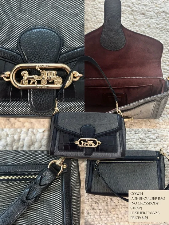 Coach Jade Black Leather & Gray Canvas Shoulder Bag with Gold Hardware