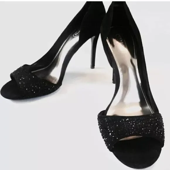 Coach Women’s Black Suede Heels Stilettos Peep Toe Black Rhinestones Sparkle 10