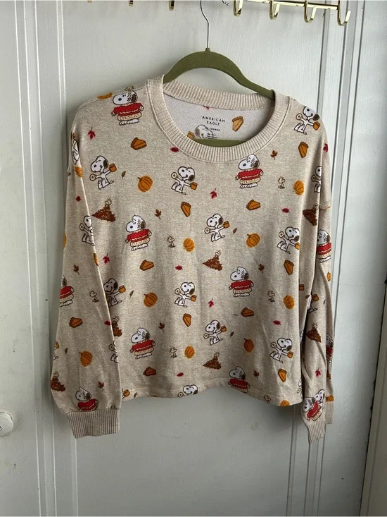 American Eagle Outfitters Beige Snoopy Print Crewneck Sweater