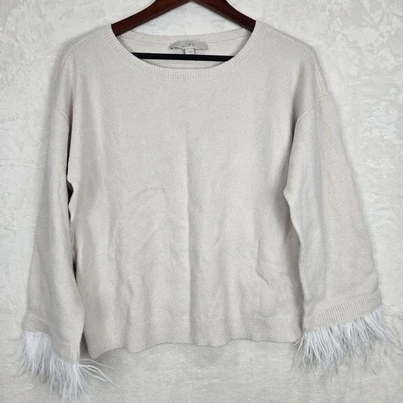 Loft Womens Cream Feather Cuff Crew Neck Sweater Large NWT Ivory Knit Pullover
