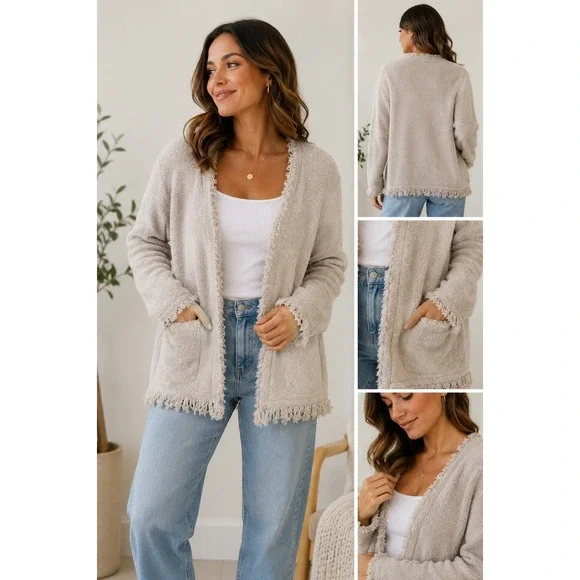 Barefoot Dreams cozy chic fringed jacket size XL Oyster gray cardigan‎ 0341