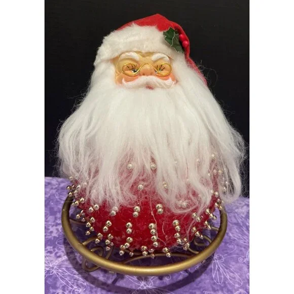 Vintage Handcrafted Beaded Push‎ Pin Christmas Round Large Santa Figure #1