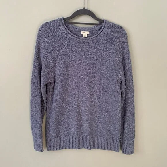 L.L.Bean Textured Bouclé Knit Sweater Women XS Petite Blue Raglan Sleeve‎ Cotton