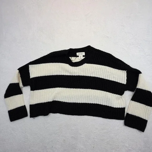 Jessica Simpson Sweater Womens M Black White Striped Chunky Knit Cropped Pullove