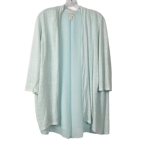 Chico's Linen Blend Open Cardigan‎ Women's Chico's 2=L12 Blue Chiffon Back Panel