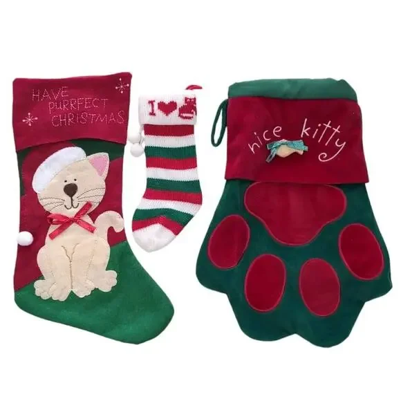 Christmas Cat Stockings‎ Lot Of 3 Felt Knit Velour Kitty Paw Holiday