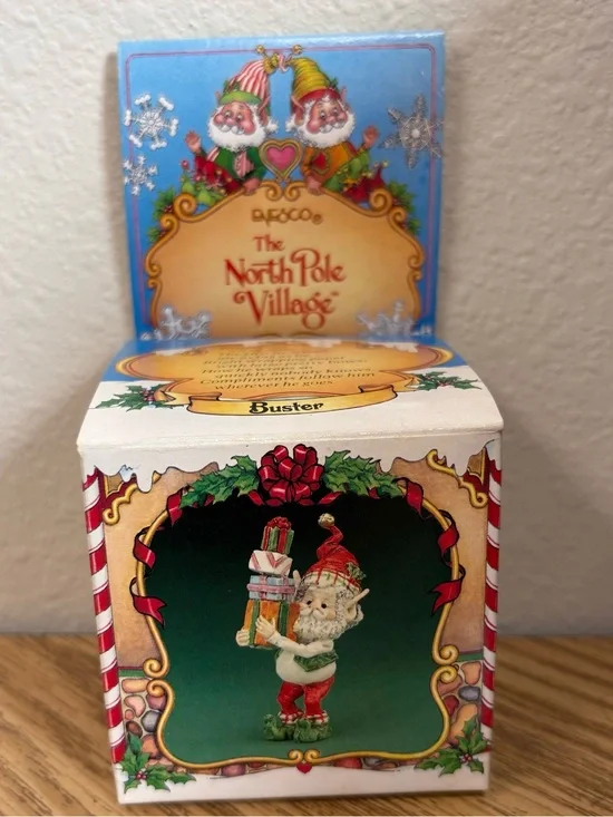 Vintage 1989 Enesco North Pole Village Buster Elf Figurine Boxed 871850