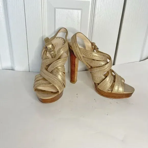 Coach Brynne Leather Metallic Gladiator Strappy Stiletto Wood Slingback Sandals
