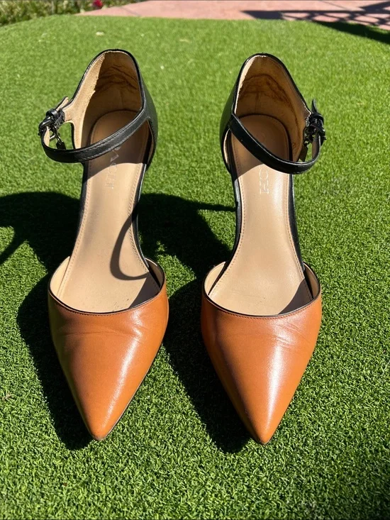 Coach Ankle-Strap Pointed-Toe Pumps in Cognac and Black
