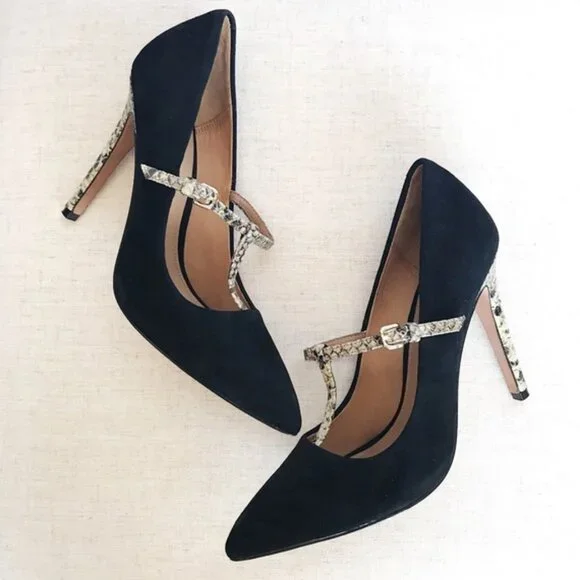 COACH Fulton Black Suede T-Strap Pumps Snakeskin Stiletto Heels Size 9B Boxed