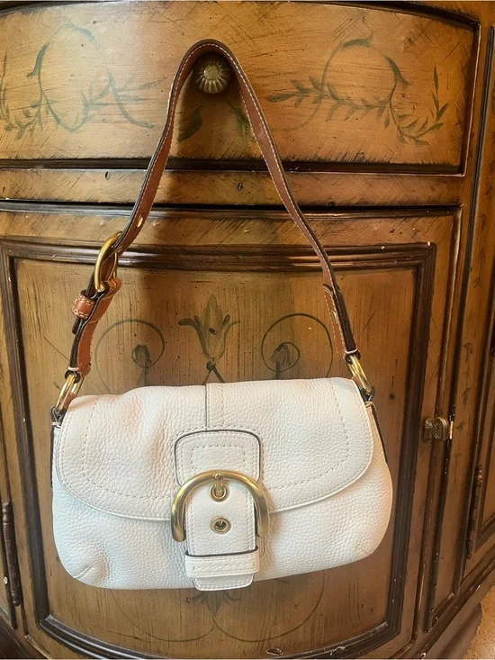 Coach White Pebbled Leather Shoulder Bag with Brown Strap and Gold Hardware