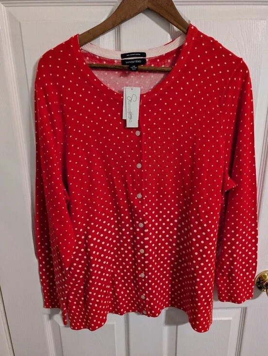 New Lands End Womens Sweater Cardigan Red White Dots Supima Cotton Plus Size 1X