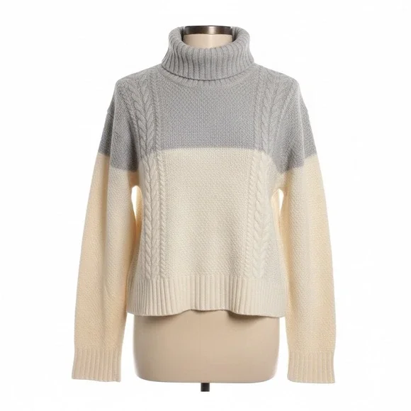 ATM Collection Sweater Medium‎ Cream Gray Colorblock Cable Knit Wool Turtleneck