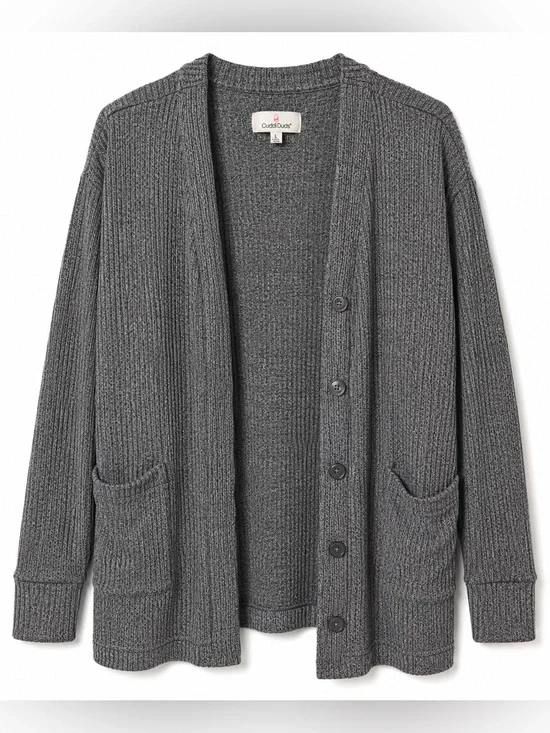 Cuddl Duds Ribbed Gray Cardigan- L