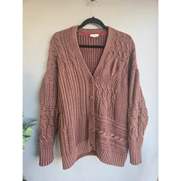 Sundance‎ Women's Medium Brown Mixed Cable Knit 100% Cotton Cardigan Sweater