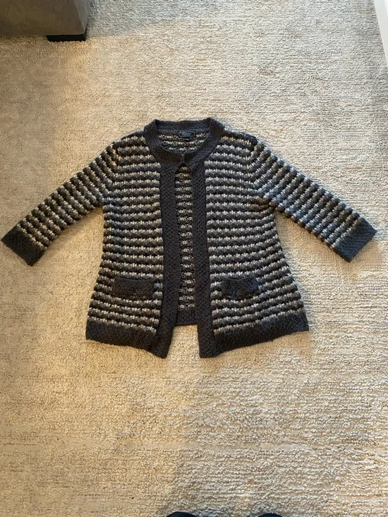 Collection Dress Barn Striped Knit Open Cardigan in Charcoal and Light Gray - XL