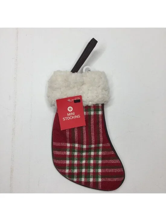 Country Red Plaid Sherpa Mini Christmas Stocking Holiday Ornament Decoration