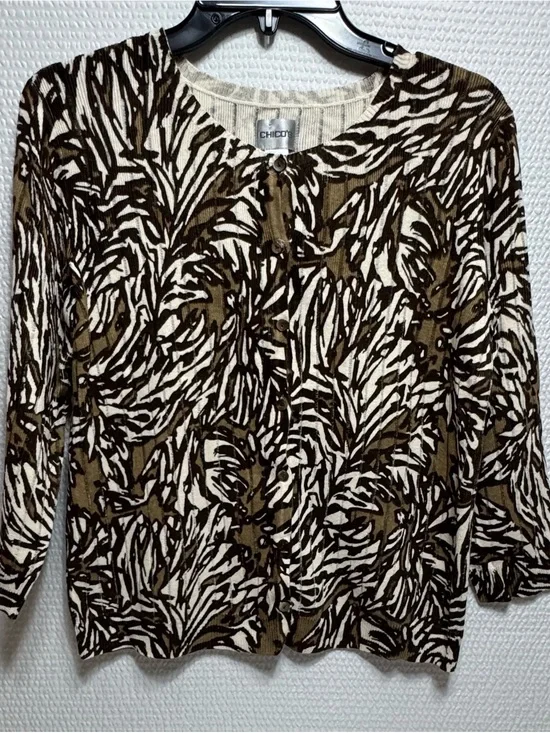 Chico's Women's Cream and Brown Printed Button Cardigan size 2 (L)