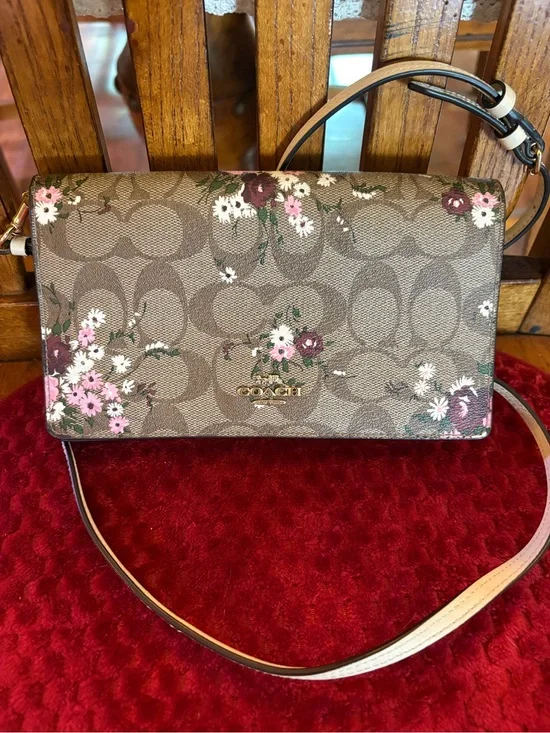 Coach Signature Floral Wallet Crossbody Clutch Brown Tan Pink Floral