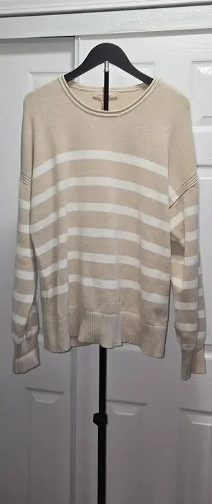 Philosophy XL cream and tan Striped Women's Pullover sweater