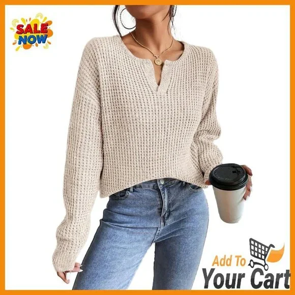 Women's V-Neck Pullover Sweater Drop Shoulder Long Sleeve Lightweight