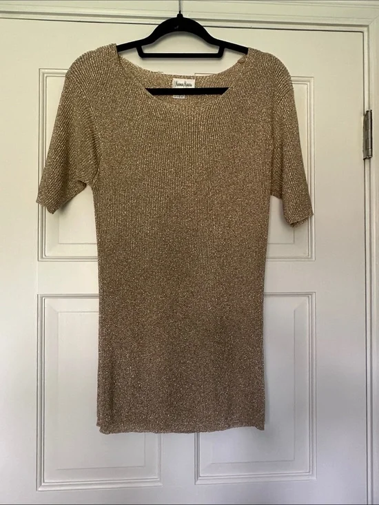 Vintage Neiman Marcus Gold Metallic Short Sleeved Ribbed Knit Sweater Size S