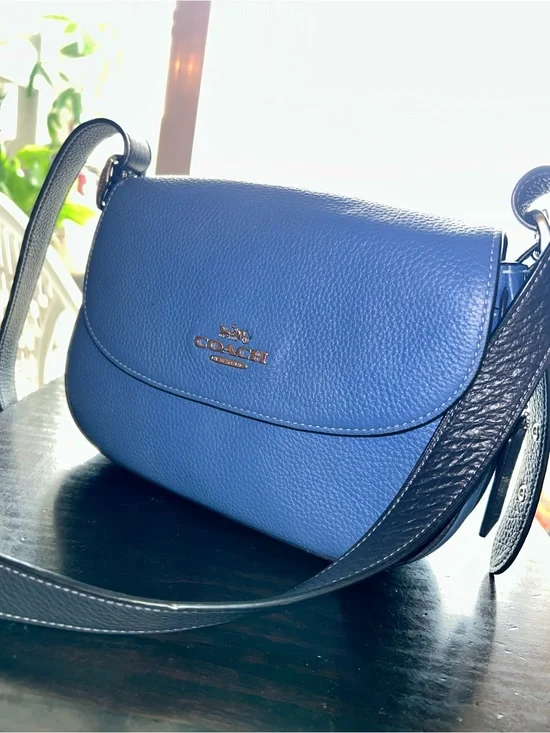 Coach Blue Pebbled Leather Saddle Crossbody with Black Strap