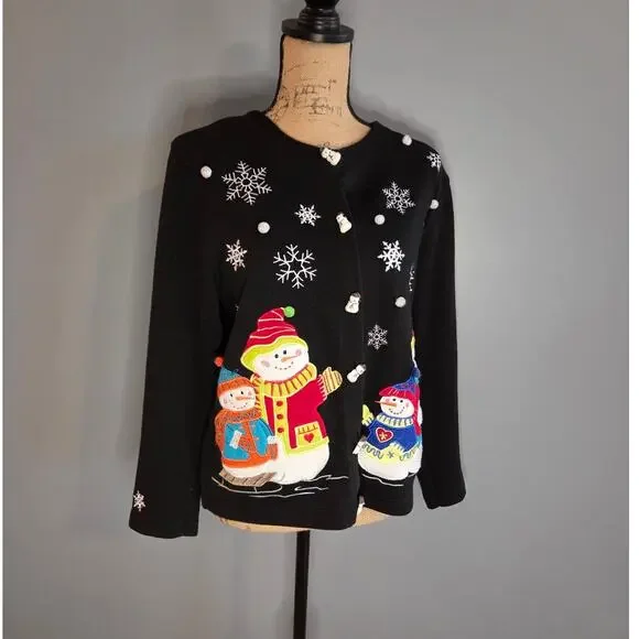 Vintage sport elle snowman winter cardigan button front black embroidery L