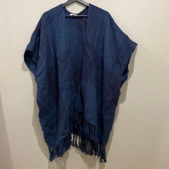 LOFT Navy Plaid Fringe Ends Pancho Open Cardigan Size M/L