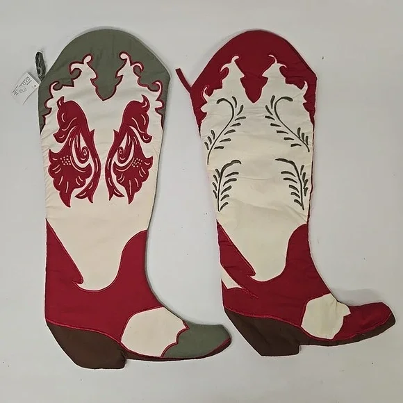 Green And White Cream Stocking Cowboy Boot Christmas  Country‎ Western Lot Of 2