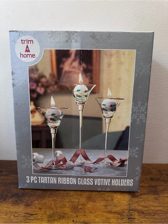 Trim A Home Christmas Glass Voti­ve Candle Holders Tartan Ribbon Holly Set of 3