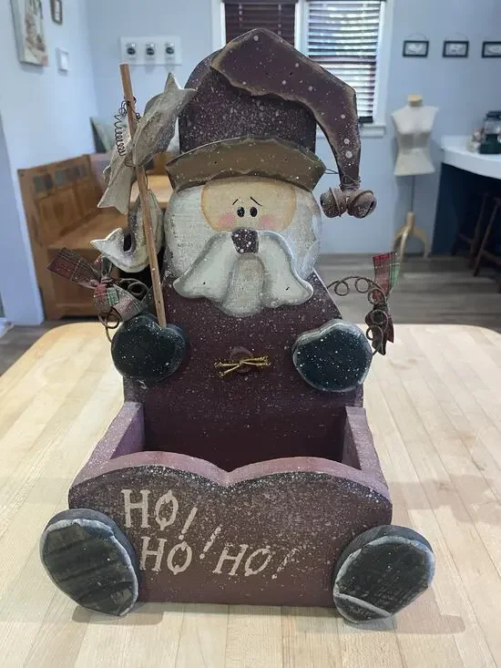 Vtg 2001 Folk Art Wooden Santa Claus Fisherman Card Holder Christmas Painted