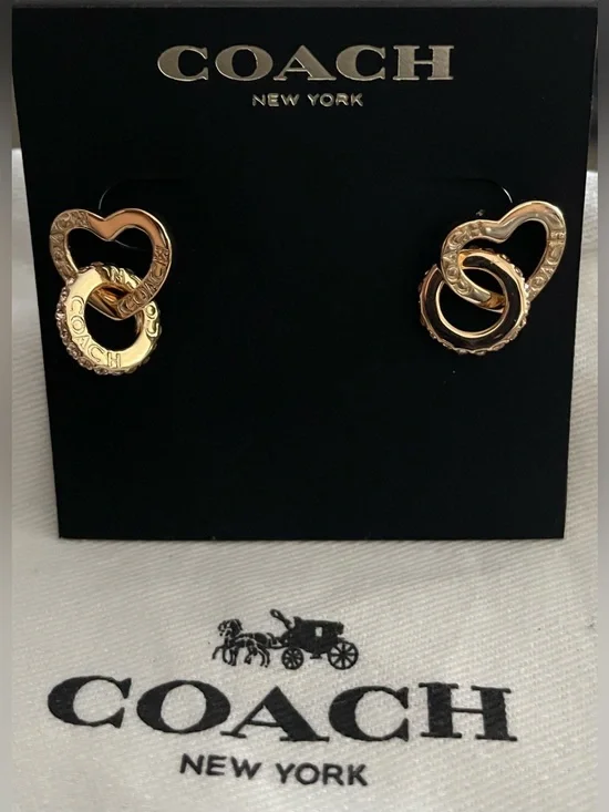 Coach Gold Heart & Interlocking Ring Stud Earrings