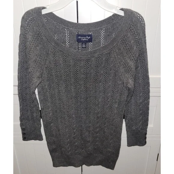 American Eagle Gray Cable Knit Pointelle Scoop Neck 3/4 Sleeve Sweater Small y2k