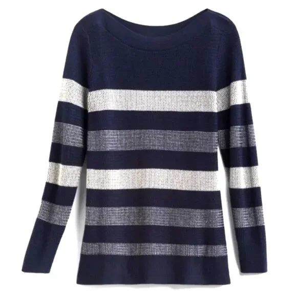 NWT Market & Spruce Tawnee Waffle Stitch Striped Pullover Sweater Navy/White MP