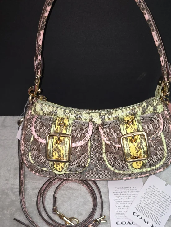 Coach Pink and Brown Signature Shoulder Bag with Snakeskin Trim