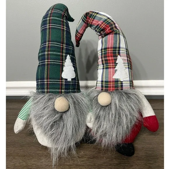 Holiday Gnomes Christmas Plush Shelf Sitters‎ Decor Plaid Hats Set of 2