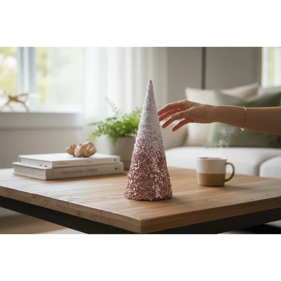Holiday Style Cone Tree Sequin Rose Gold White Ombre‎ Tabletop Decor 12 Inch