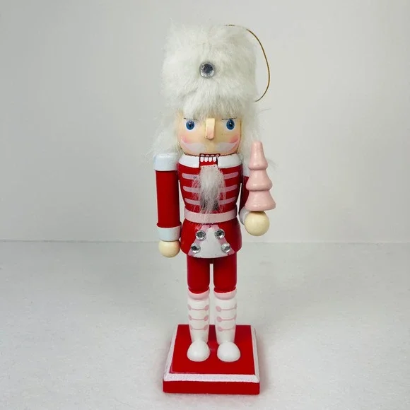 Red and Pink Wooden Nutcracker Soldier with Faux Fur Hat and Pink Tree 8 Inch