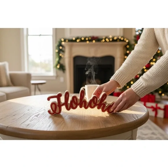 Holiday Style Tabletop Decor Ho ho‎ ho Red Glitter Wood Sign Christmas Accent