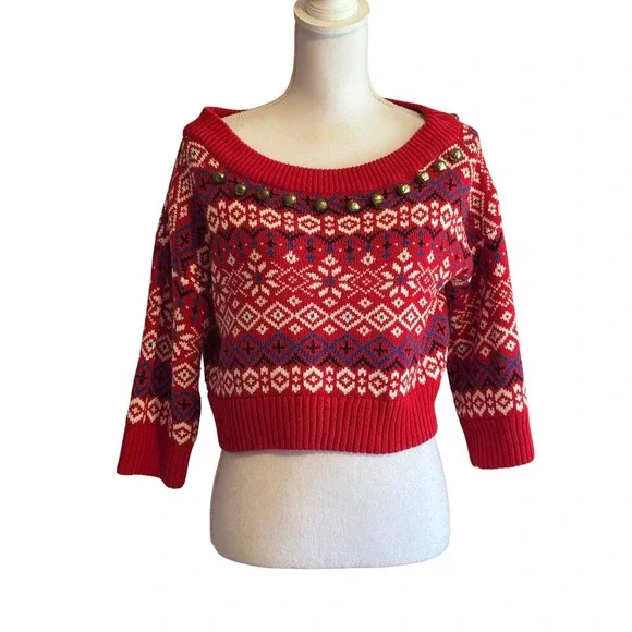 BDG Urban Outfitters Red Fair Isle Cropped Sweater Bells Holiday Small