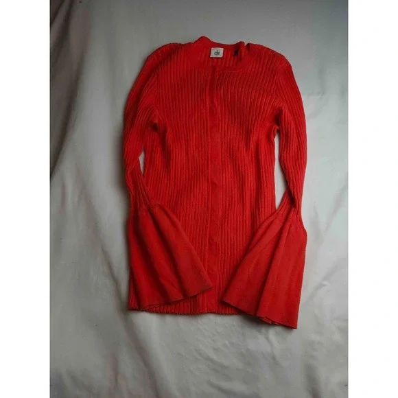 CAbi Sweater Cardigan Womens Large Red Ribbed Knit Bell Sleeve Crew Neck Casual