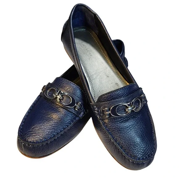 COACH Fortunata Blue Pebble Leather Loafers 6.5M Silver‎ Bit Moccasins Old Money