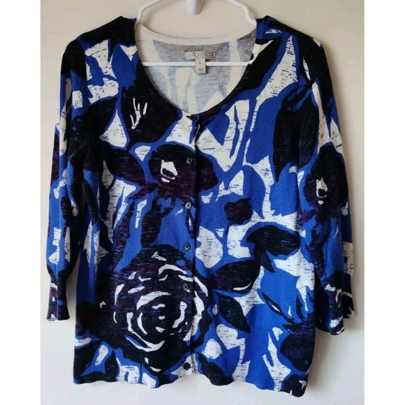 Dana Buchman‎ 3/4 Sleeve Black/Blue/White Floral Button Up Cardigan Size Large