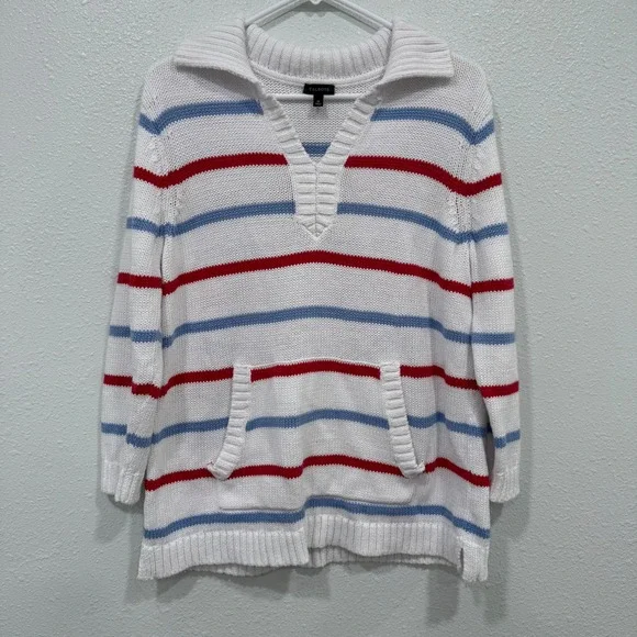 Talbots Womens Striped Shaker Knit Sweater Red Blue White Polo Collar M‎ CN5342