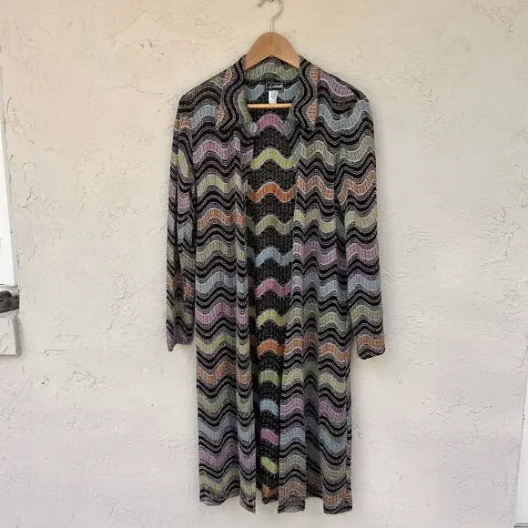 Y2K Chevron Duster Cardigan Multicolor Open Front Mesh Knit Medium