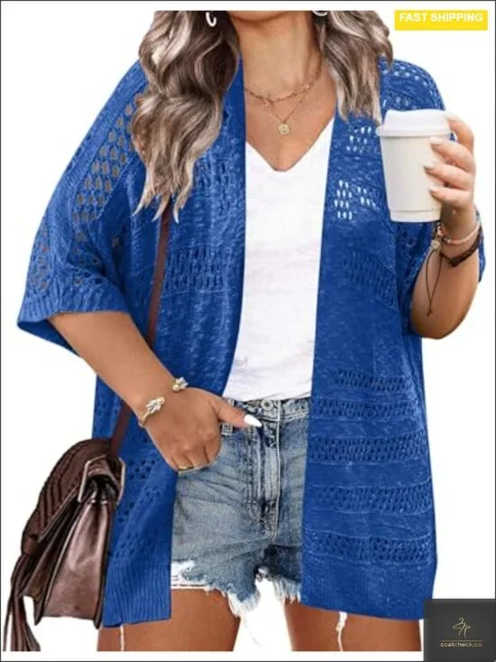 Plus Size Lightweight Crochet Cardigan Short Sleeve Kimono Cover Up Open Front