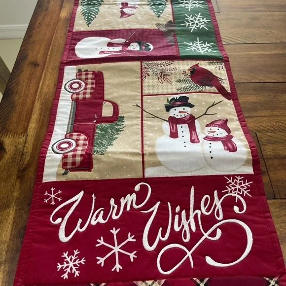 St. Nicholas Square Patchwork Snowman‎ Red Truck Snow Table Runner 13 x 36
