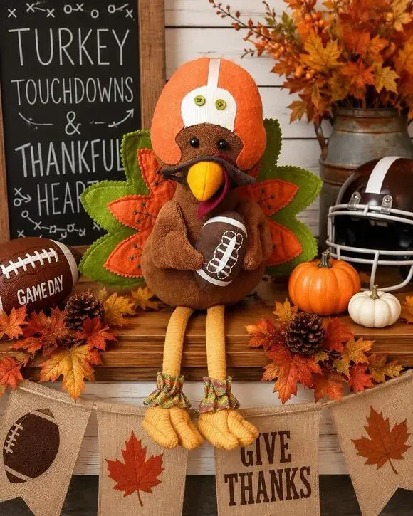 Thanksgiving Turkey Plush Shelf Sitter Holding Football Fall Harvest Decor 22”